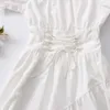 Vestidos de Festa Branco Vestido de Princesa Feminino Manga Bufante Elegante Feminino Estilo Preppy Bandagem Midi Vestido de Verão Casual Vestidos Góticos 2023