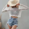 Fashion Women's Swimwear Crochet Top Summer Long Sleeve Crochet Cover Up Beach Bikini Loose Top