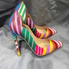 Renkli çizgili baskı kadınlar yüksek topuklu pompalar hafif sivri stiletto pompaları özelleştirilebilir topuk ayakkabıları üzerinde zarif düğün kayması