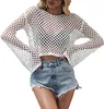 Fashion Women's Swimwear Crochet Top Summer Long Sleeve Crochet Cover Up Beach Bikini Loose Top