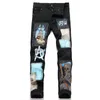Patchs imprimés déchirés noirs Jeans pour hommes Automne Punk Pantalon taille moyenne Slim-Fit Stretch Streetwear