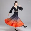 Stage Wear Ballroom Dance Competition Dress Women Puff Sleeves Long Waltz Adult Latin Performance Costume Prom DNV16291