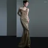 Etnische Kleding Sexy Backless Gouden Pailletten Trouwjurk Toast Vrouwen Bodycon Lange Fishtail Party