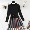 Casual Dresses Autumn Winter Elegant Striped Print Knitted Stitching Pleated Dress Women Long Sleeve Thick Pullover Sweater Office Midi Vestido 220827