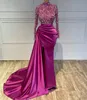 2023 Sexy Fuchsia Robes De Bal Gaine Col Haut Paillettes Dentelle Cristal Perlé Manches Longues Côté Split Cutaway Côtés Plus La Taille De Bal Robes De Soirée