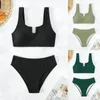 Women's Swimwear Women's High Waist Bikini Solid Color Strip Suit Swimsuit 2 Piece Sports Underwear Tankini Set