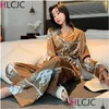 Home Clothing Luxury Women Pajamas Set Sleepwear Winter Long Sleeve Pijamas Mujer Sexy Lingerie Nightwear Silk Satin Pyjamas Femme W Dhnke