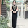 Etniska kläder Cheongsam 2023 Summer Black Long Style Mother Chinese Temperament Slim Etiquette Show förbättrad klädkvinnakväll