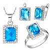 Collier boucles d'oreilles ensemble Design chic or blanc collier/bague/boucles d'oreilles bleu carré Zircon pour les femmes anniversaire de mariage T008-6