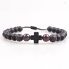 Strand 8mm Stone Beads Bracelet Braided Rope Black Matte Cross Charm Healing Balance Yoga For Mens Drop