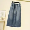 Röcke Sommer Denim Rock Frauen Elastische Taille Kordelzug Schlitz Jean Lässige Mode Lose Taschen A-linie Mid-Kalb Halb Kleid