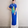 Abbigliamento etnico Abito cheongsam blu reale Ricamo stile cinese Pavone Maxi Abiti eleganti da donna convenzionali vietnamiti 4536