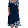 Casual Dresses Women Midi Dress Pockets Loose Hem Mid-Calf Längd blommig tryck A-line Holiday Daily Clothing