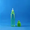 Utförsäljning! 100 uppsättningar/parti 25 ml enhörning grön husdjur plast droppar flaskor barnbeständig manipulationsbevis lång spets e flytande ånga 2 hwko