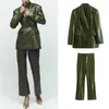 Women's Two Piece Pants Vintage Office Lady Leather Women Suit Green Solid Double Breasted Pocket Blazer Zipper Button Fashion 2023 Sets