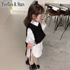 Pajamas Spring Autumn girls 2 pcs set baby blouse dress vest kids suits children clothes fashion streetwear black white 2 12Y 230626