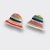 Wide Brim Hats Bucket Fashion Rainbow Straw Sunscreen Hat Women Summer Korean Hollow Color Blocking Design Casual Knit Cap Beach Vacation 230627