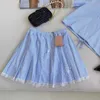 Two Piece Dress Designer Summer New Girls' Style Lace Edge Short Sleeve with Elastic Waist Pleated Half Skirt Blue White Stripe Age Reducing Set Y5AB