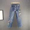 Jeans Feminino Retrô Bordado Reto Calças Denim Lavadas Femininas Primavera Algodão Stretch Cintura Alta Solta Casual Senhoras C8119