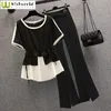 Kvinnor Tvåbitar byxor Summer Elegant Set Fashion Stitching Chiffon Shirt Wide Leg Twopiece Female Blazer Blus 230627