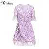 Dicloud kvinnor lila blommig wrap klänning sommar elegant flare hylsa boho tryck mini sundress sexig v hals damer 210611