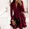 CVYATAYA Arrived Flared Sleeves Ruffles V Neck Sexy Dress Women Spring Autumn Long Sleeve A-Line Solid Sashes Mini Dresses 210611