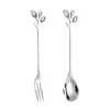 Set di stoviglie 2 pezzi Antipasto Torta Frutta Forchetta e cucchiaio Set Cocktail da 4,7 pollici Pick Manico a foglia Forchette da dessert Accessorio da cucina per feste