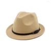 Boinas de ala corta enrollada Jazz Fedora sombrero con hebilla de cinturón negro Vintage Trilby mujeres hombres fiesta fieltro Top Casual al aire libre sol