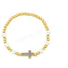 Pulsera clásica con abalorio de cruz chapada en oro de 18 quilates, cadena de cuentas de cobre redondas, pulsera elástica, brazalete para mujer, regalo de joyería de fiesta de la suerte