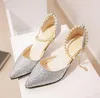 Chaussures habillées mode bout pointu mariage mariée talons hauts femme bas petit talon sandales fête or argent femmes pompes