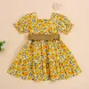 Girl's Dresses Focusnorm Summer Princess Toddler Girls Dress with Belt 1 6y Flowers Printed Ruffles Sleeve Kne Längd En rad 230626