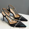 Satin Dress Shoes Luxury Designer Hand Sydd Crystal Rhinestone Lady Stiletto Heel Slingbacks Sandaler 9,0 cm High Heeled Bekväm kvinnors sko 35-42