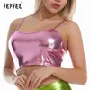 Kvinnors t-shirt Kvinnor Fashion Glossy Crop Tops Shiny Metallic Camisole Justerbar spaghetti-band ärmlös Vest Clubwear för Pole Dance Rave J230627