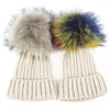 Bérets Enfants Tricoté Bonnet Côtelé Chapeau Hiver Automne Bonnets Pour Enfants Chaud Filles Garçons Coton Unisexe Crâne Cap Avec Véritable Pompon De Fourrure