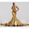 Gold Velvet Mermaid Prom Dresses Keyhole Neck Backless Court Train See Through Lace Applique Evening Formal Gowns