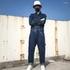 Mäns jeans män vintage män denim jumpsuits höst vinter multi-fickor raka lastbyxor high street lösa hiphop-övergripande