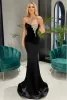 Elegancka czarna długa aksamitna sukienki na studniówkę z brokatem jedno ramię puste kryształy wieczorowe suknie syrenki