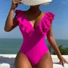 Kvinnors badkläder Bikini 2023 Ruffle Trim One Piece Swimsuit Solid Color Summer Beach Baddräkt för kvinnor