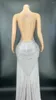 Stage Wear Vrouwen Sexy Sparkly Silver Rhinestone Diepe V-hals Backless Lange Jurk Vieren Bruiloft Avondjurk Verjaardag