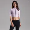 Aktywne koszule kobiety seksowne odsłonięte pępek z krótkim rękawem T-shirt fitness wspinaczka Slim Zipper Stretch Gym Ubrania jogi