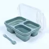 Foldable Lunch Box Microwave Oven Bento Box Silicone Lunch Box Travel Outdoors Portable Rectangular Three-cell Food Storage Container Dinnerware