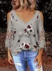 Kvinnors t-shirt Kvinnor Summer V Neck Cold Shoulder Tops Skur ut blommigt tryck Kort ärm T-skjortor Spets Skärlblusar 2023 Ny Casual Loose J230627