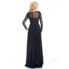 Mother'S Dresses Top Selling Elegant Navy Blue Mother Of The Bride Chiffon Seethrough Long Sleeve Sheer Neck Appliques Sequins Eveni Dhl2N