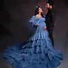 Vestido de festa de maternidade de tule fofo em camadas, sessão de fotos com divisão frontal, malha em camadas, namorada, vestidos de fotografia para mulheres grávidas feitos sob medida