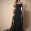 Dubai Design Cape sheath Black Evening Dresses sheer illusion neck beaded crystal Long Formal Dress Sexy Mermaid Party Gowns For Prom