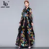 LD Linda Della Summer Runway Maxi Dres Long Sleeve Bow Collar Vintage Floral Print Chiffon Party Holiday Long Dress Robe 220516