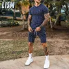 Herren Trainingsanzüge LISM 2022 Neue Casual Shorts Sets Sommer Herren Fitness Gestreiften Trainingsanzug Kurzarm Jogger Set Herrenmode Sport Jogging anzug x0627