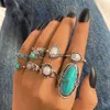 Band Ringen IPARAM Vintage Zilveren Kleur Ringen voor Vrouwen Elliptische Imitatie Turquoise Blad Vinger Ring Boheemse Mode-sieraden Trendy Gift x0625