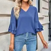 Women's T Shirts Women's Summer European And American Solid Loose V Neck Ruffle Shirt For Juniors Long Sleeve Women Fit