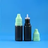 100 set/lotto 10 ml contagocce in plastica flaconi NERI tappi a prova di manomissione punte lunghe e sottili LDPE E Vapor Cig liquido 10 ml Gvwcq